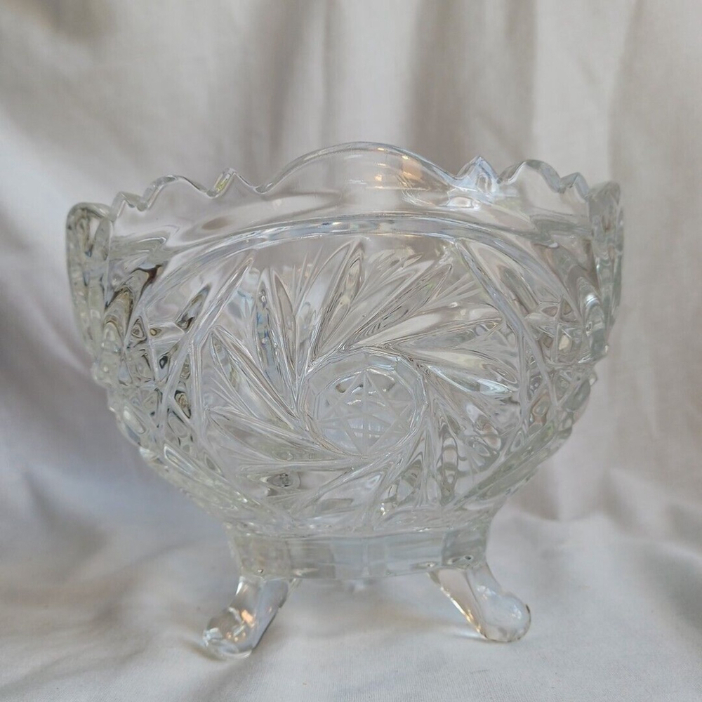 Lead Crystal Footed Candy Dish Star Etching Vintage